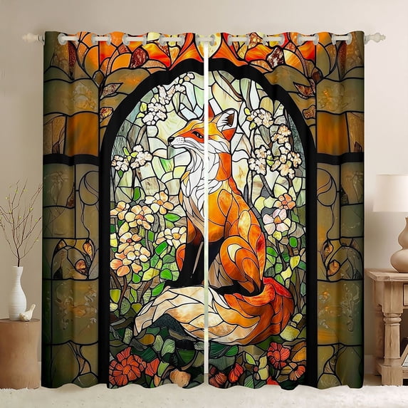 Homewish Wildlife Fox Black Out Curtains For Kids Children Teens,Woodland Floral Animal Curtains Pack of 2 (42x63 Each),Chic Flowers Bedroom Curtains,Exotic Style Bedroom Decor