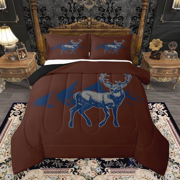 Homewish Wildlife Moose Deer Queen Comforter Set, Western Lake House Bedding Sets, Teens Kids Boys Girls Reversible Bedding Comforter Set, Luxury Bedroom Decor, 3pcs