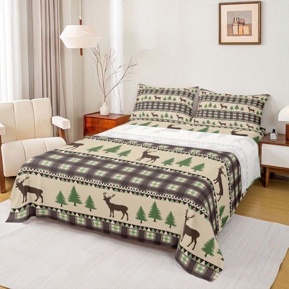 Homewish Wildlife Moose Deer Queen Sheet Sets for Kids, Jungle Pine Tree Flat Sheet, Retro Rustic Plaid Queen Fitted Sheet, Lightweight Room Decor, 4-Piece