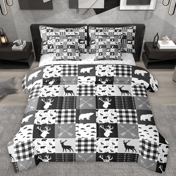 Homewish Wildlife Moose Elk Bedding Comforter Set 7pcs, Woodland Animal Bear Queen Bedding Sets, Grey Rustic Farmhouse Reversible Queen Sheet Sets, Microfiber Bedroom Decor