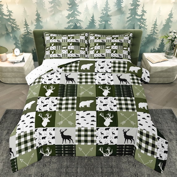 Homewish Wildlife Moose Elk Bedding Comforter Set, Woodland Animal Bear Twin Comforter Sets, Green Rustic Farmhouse Reversible Bedding Set, Super Cozy Room Decor, 2-Piece