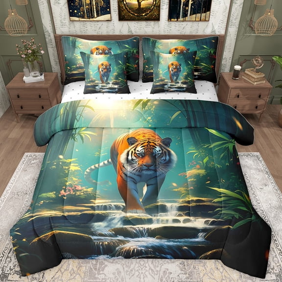 Homewish Wildlife Tiger Pattern 7-Piece Bedding Comforter Set,Tropical Botanical Flower King Bedding Sets,Green Orange Bed Sheets For Kids,Ultra Soft Home Decor Reversible