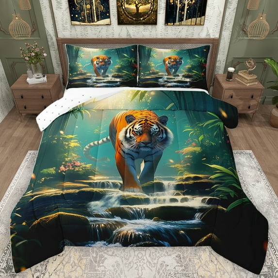 Homewish Wildlife Tiger Pattern Full Size Comforter Sets,Tropical Botanical Flower Bedding Comforter Set,Green Orange Bedding Sets For Kids,Ultra Soft Home Decor Reversible,3pcs