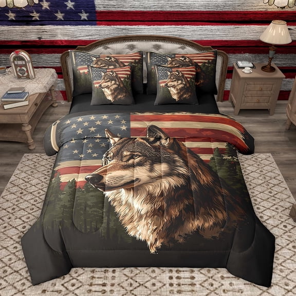 Homewish Wildlife Wolf Adult Bedding Comforter Set 7pcs, 3D Jungle Animal Queen Bedding Sets, Western Countryside Reversible Queen Sheet Sets, Microfiber Bedroom Decor