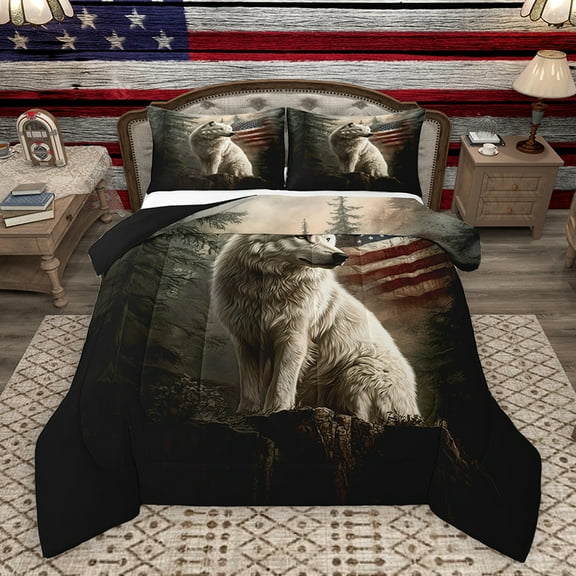 Homewish Wildlife Wolf Adult Queen Comforter Set, 3D Jungle Animal Bedding Sets, Western Countryside Reversible Bedding Comforter Set, Breathable Home Decor, 3pcs