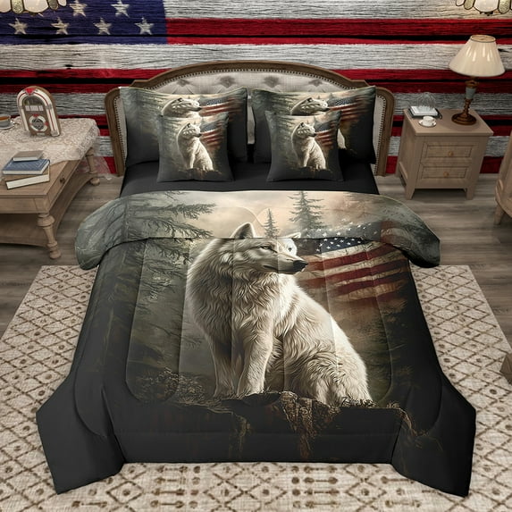 Homewish Wildlife Wolf Adult Twin Bedding Sets 7-Piece, 3D Jungle Animal Bedding Comforter Set, Western Countryside Reversible Sheet Sets, Breathable Home Decor