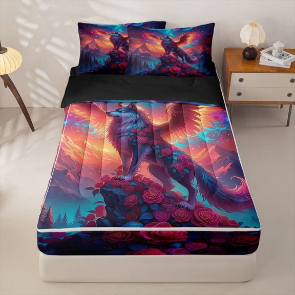 Homewish Winged Wolf Red Roses Aurora Print Zipper Twin Comforter Sets with Fitted Sheet and 2 Pillowcases,Fantasy Wildlife Zipper Bedding Set For Men And Women,Reversible,4 Pieces