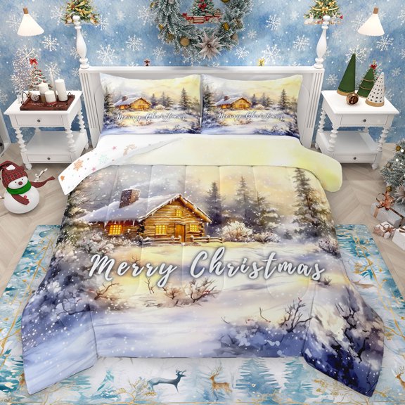 Homewish Winter Christmas Child Queen Comforter Set, Dreamy Western Festival Bedding Sets, Rustic Lodge Cabin Reversible Bedding Comforter Set, Super Cozy Room Decor, 3-Piece