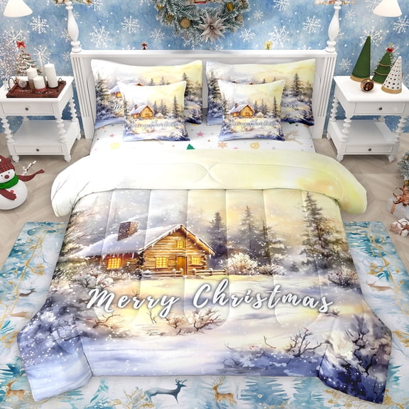 Homewish Winter Christmas Child Twin Bedding Sets 7-Piece, Dreamy Western Festival Bedding Comforter Set, Rustic Lodge Cabin Reversible Sheet Sets, Super Cozy Room Decor