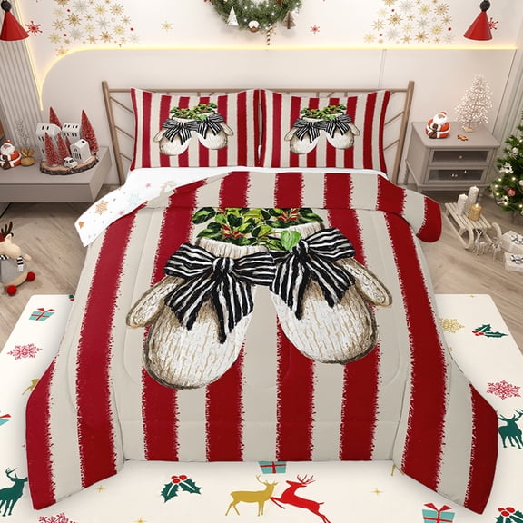 Homewish Winter Christmas Gloves Queen Comforter Set, Stripe Abstract Lines Bedding Sets, Teems Kids Boys Girls Reversible Bedding Comforter Set, Super Cozy Room Decor, 3-Piece