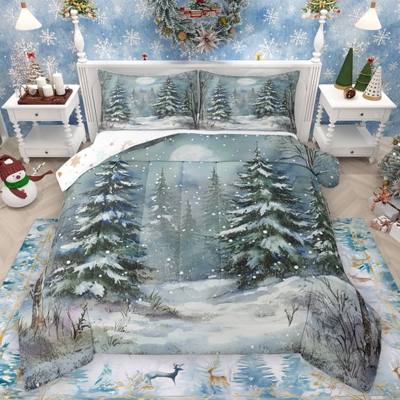 Homewish Winter Christmas Tree Bedding Comforter Set, Mystic Jungle Moon Twin Comforter Sets, Happy New Year Reversible Bedding Set, Microfiber Bedroom Decor, 2pcs