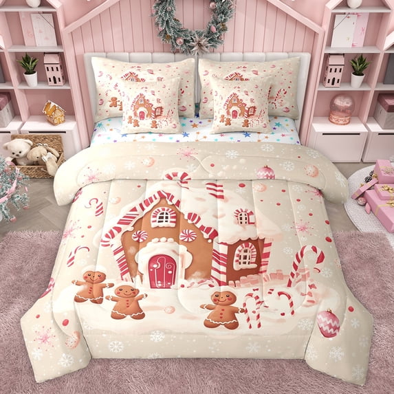 Homewish Winter Gingerbread Man Bedding Comforter Set 7pcs, Merry Christmas Queen Bedding Sets, Teens Kids Boys Girls Reversible Queen Sheet Sets, Luxury Bedroom Decor
