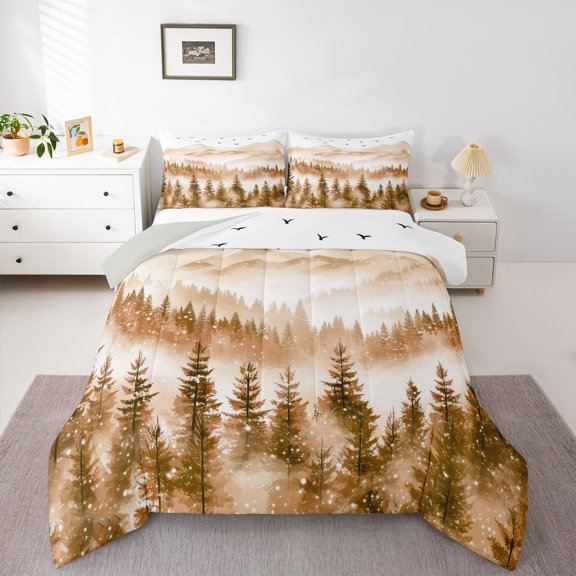 Homewish Winter Jungle Bedding Comforter Set 2pcs for Teenagers Adults,Mountain Woodland Twin Comforter Sets Microfiber,Abstract Gradient Orange Breathable Bedding Set,Microfiber Bedroom Decor