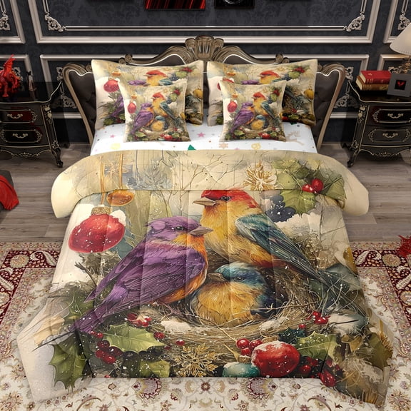 Homewish Winter Jungle Bird Bedding Comforter Set 7pcs, Vintage Western Festival King Bedding Sets, Merry Christmas Reversible Bed Sheets, Luxury Bedroom Decor