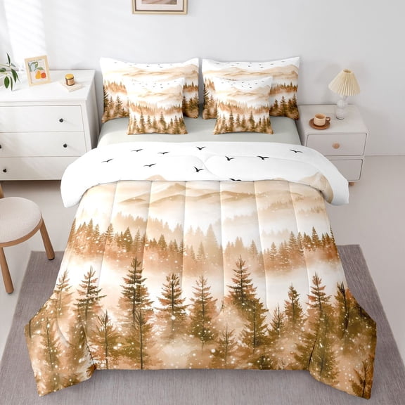 Homewish Winter Jungle Twin Bedding Sets 7-Piece for Teenagers Adults,Mountain Woodland Bedding Comforter Set Microfiber,Abstract Gradient Orange Breathable Sheet Sets,Microfiber Bedroom Decor