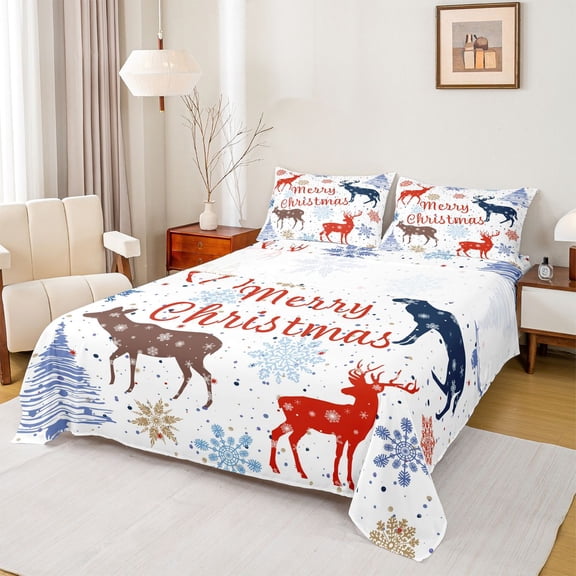 Homewish Winter Reindeer Elk Queen Sheet Sets, Merry Christmas Flat Sheet, Xmas Tree Snowflake Queen Fitted Sheet, Breathable Home Decor, 4 Pieces