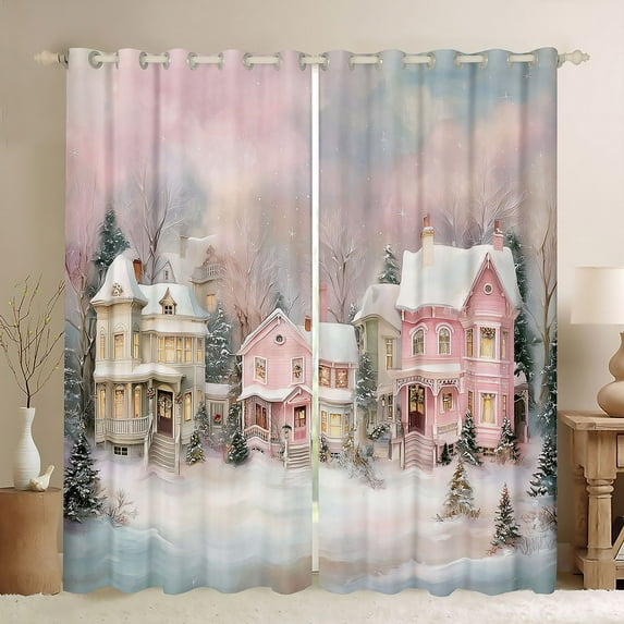 Homewish Winter Rustic Cabin Curtains Pack of 2 (42x84 Each) for Kid, Kawaii Pink Princess House Curtains Blackout, Happy New Year Bedroom Curtains, Living Room Curtains Decor