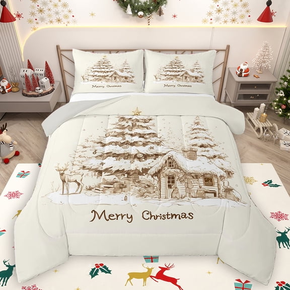 Homewish Winter Rustic Cabin Queen Comforter Set for Kids, Merry Christmas Bedding Sets, Western Countryside Reversible Bedding Comforter Set, Microfiber Bedroom Decor, 3 Pieces
