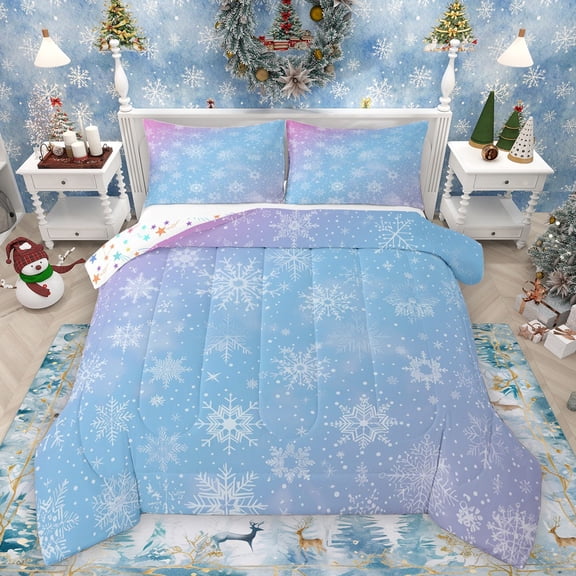 Homewish Winter Snowflake Bedding Comforter Set 2pcs for Teens,Merry Christmas Twin Comforter Sets Microfiber,Blue Purple Gradient Breathable Bedding Set,Microfiber Bedroom Decor,Reversible