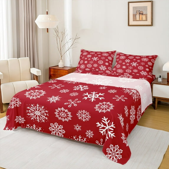 Homewish Winter White Snowflake 4 Pieces Queen Sheet Sets For Children Teens Adults,Happy Christmas Xmas Ultra Soft Flat Sheet,Festival Theme Queen Fitted Sheet,Super Cozy Room Decor