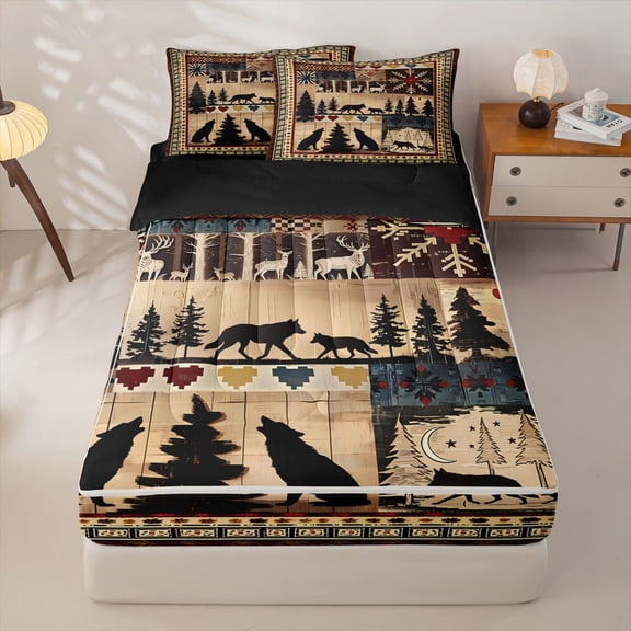 Homewish Winter Wildlife Wolf Quilt Print Zipper Twin Comforter Sets with Fitted Sheet and 2 Pillowcases,Cabin Decor Zipper Bedding Set For Men And Women,Reversible,4-Piece