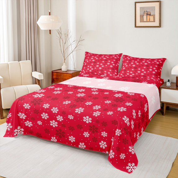 Homewish Winter Xmas Snowflake Full Size Sheets 4-Piece for Teens,Merry Christmas Breathable Bed Sheets,Polka Dots Lightweight Sheet Sets,Microfiber Bedroom Decor
