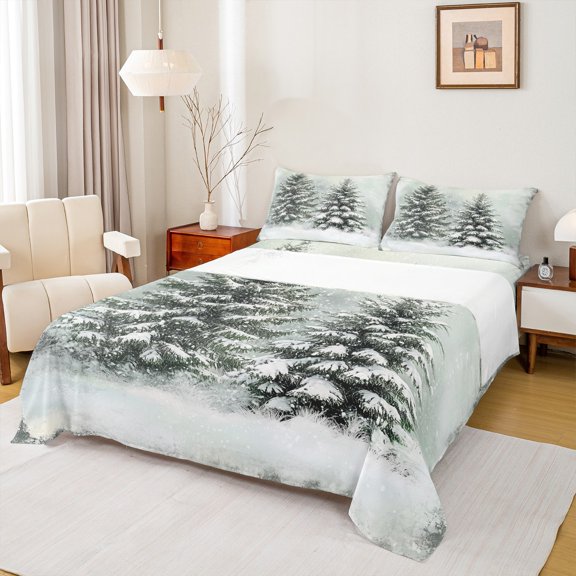Homewish Winter Xmas Tree Queen Sheet Sets for Teens, Western Festival Christmas Flat Sheet, Rustic Farmhouse Queen Fitted Sheet, Microfiber Bedroom Decor, 4pcs