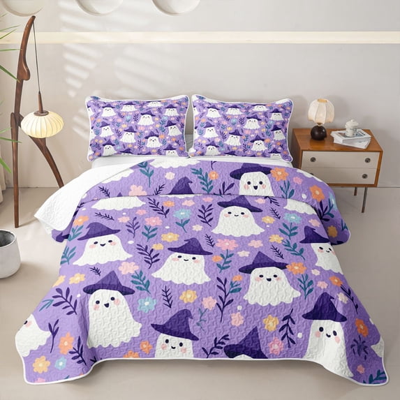 Homewish Witch Ghost Bed Spread Queen for Girls, Halloween Theme Queen Coverlet Set, Lilac Pink Yellow, 3-Piece 1 Bedspread and 2 Pillowcases