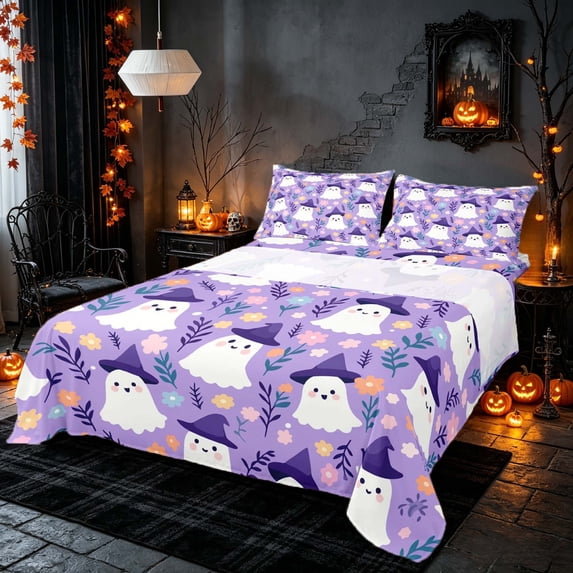Homewish Witch Ghost Queen Sheets for Girls, Halloween Theme Queen Sheet Sets, Lilac Pink Yellow, 4 Pieces (1 Flat Sheet, 1 Fitted Sheet and 2 Pillowcases)