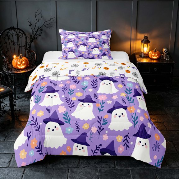 Homewish Witch Ghost Twin Comforter Sets for Girls, Halloween Theme Bedding Set, Lilac Pink Yellow, Pumpkin Bat Reversible, 2 Pieces 1 Comforter and 1 Pillowcase