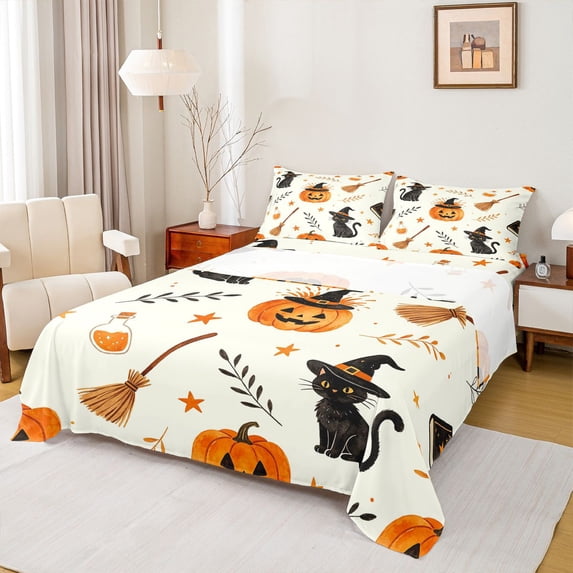 Homewish Witch Pumpkin Cat Queen Sheets for Kids, Cream Magic Broom Book Fall Leaf Queen Sheet Sets, 4 Pieces, 1 Flat Sheet, 1 Fitted Sheet and 2 Pillowcases