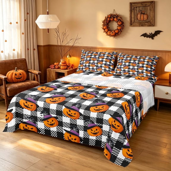 Homewish Witch Pumpkin Plaid Bed Sheets, Cartoon Halloween Full Size Sheets, Black White Orange Purple, 4-Piece (1 Flat Sheet, 1 Fitted Sheet and 2 Pillowcases)
