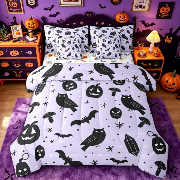 Homewish Witchy Forest Owl Bat Twin Bedding for Kids, Purple Mushroom Pumpkin Bedding Comforter Set, Halloween Reversible, 7pcs