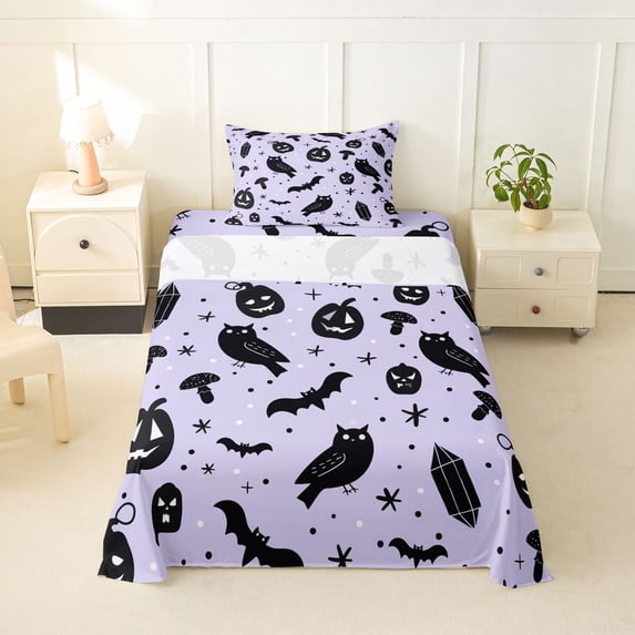 Homewish Witchy Forest Owl Bat Twin Sheets for Kids, Purple Mushroom Pumpkin Bedding, 3pcs, 1 Flat Sheet, 1 Fitted Sheet and 1 Pillowcase