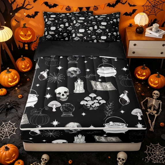 Homewish Witchy Line Art Magical Zipper Queen Comforter Set with Fitted Sheet and 2 Pillowcases for Kids, Cartoon Skull Mushroom Zipper Bedding Set, Black Reversible, 4pcs