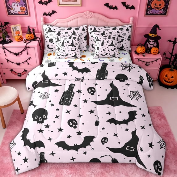 Homewish Witchy Silhouette King Bedding for Girls, Pink Black Bat Star Skull King Bed in a Bag, Halloween Reversible, 7 Pieces