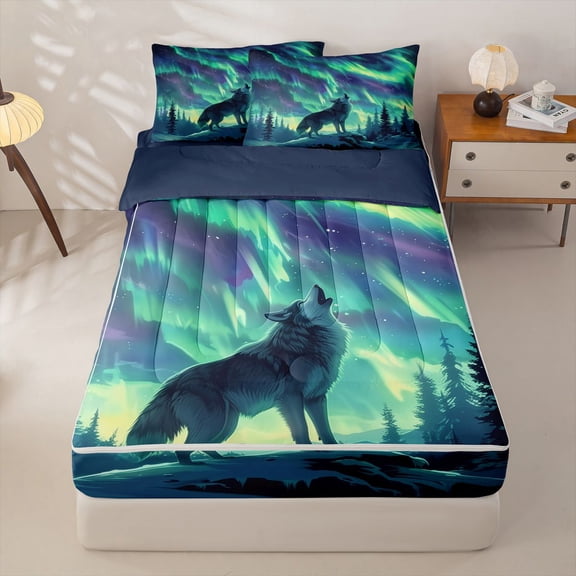 Homewish Wolf Howling At Aurora Borealis Print Zipper Twin Comforter Sets with Fitted Sheet and 2 Pillowcases,Northern Lights Zipper Bedding Set For Men And Women,Reversible,4-Piece