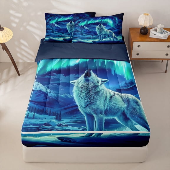 Homewish Wolf Howling At Blue Aurora Print Zipper Twin Comforter Sets with Fitted Sheet and 2 Pillowcases,Snowy Mountain Zipper Bedding Set For Men And Women,Reversible,4 Pieces