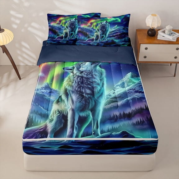 Homewish Wolf Howling At Colorful Aurora Print Zipper Twin Comforter Sets with Fitted Sheet and 2 Pillowcases,Northern Lights Zipper Bedding Set For Men And Women,Reversible,4-Piece