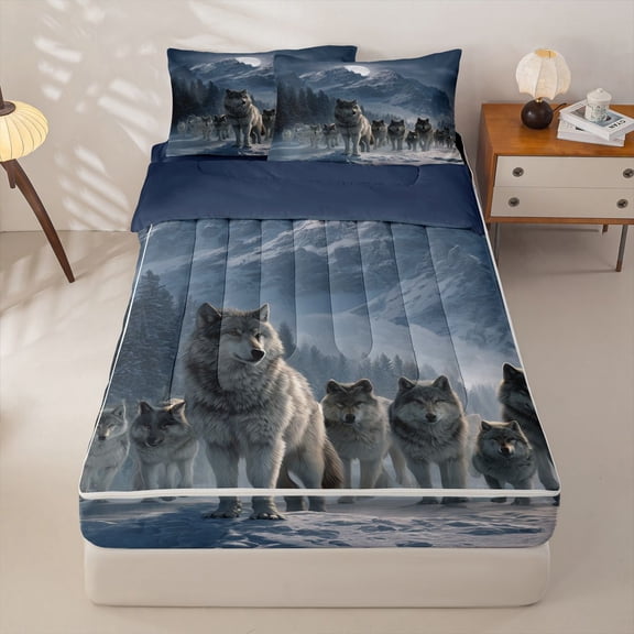 Homewish Wolf Pack Snowy Mountain Print Zipper Twin Comforter Sets with Fitted Sheet and 2 Pillowcases,Winter Wilderness Zipper Bedding Set For Men And Women,Reversible,4-Piece