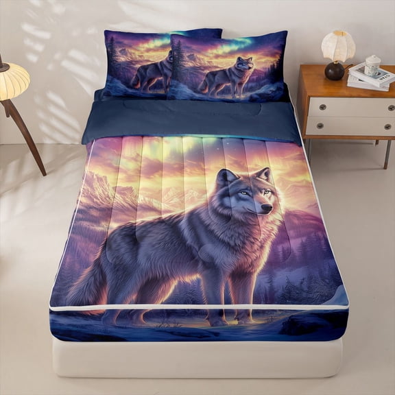 Homewish Wolf Purple Orange Aurora Print Zipper Twin Comforter Sets with Fitted Sheet and 2 Pillowcases,Sunset Mountain Zipper Bedding Set For Men And Women,Reversible,4-Piece