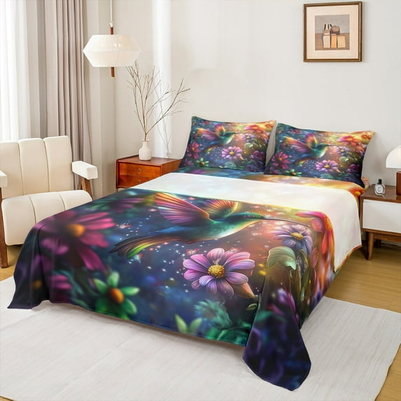 Homewish Women Glitter Hummingbird Twin Sheet Sets, Groovy Daisy Flower Twin Fitted Sheet, Magic Rustic Animal Flat Sheet, Ultra Soft Bedroom Decor, 3-Piece