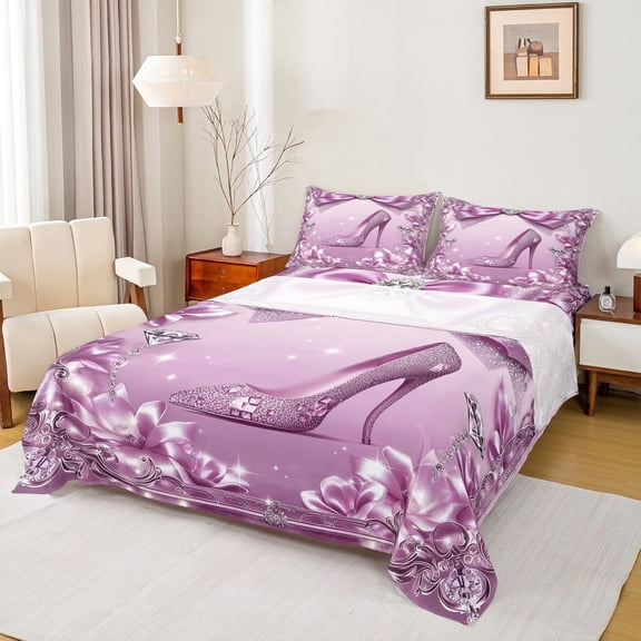 Homewish Women High Heel Twin Sheet Sets, Purple Fashion Bowknot Twin Fitted Sheet, Chic Flower Floral Flat Sheet, Lightweight Room Decor, 3pcs
