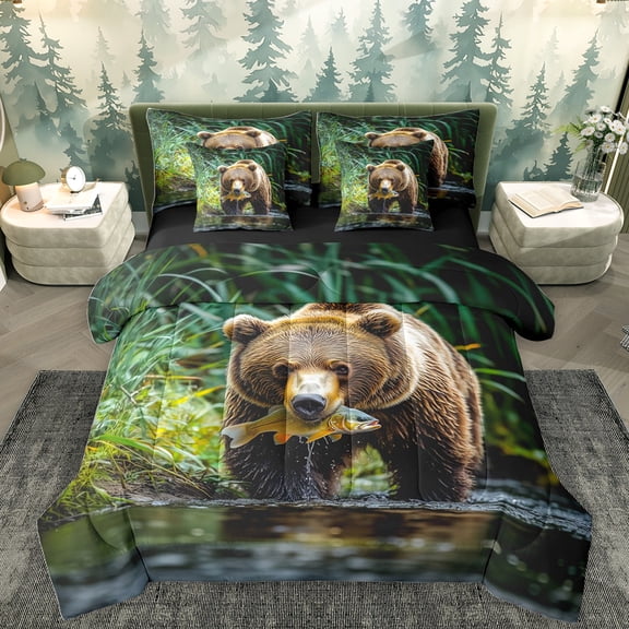 Homewish Woodland Animal Bear 7-Piece Bedding Comforter Set,Rustic Pike Fish King Bedding Sets,Green Brown Bed Sheets For Kids,Microfiber Bedroom Decor Reversible