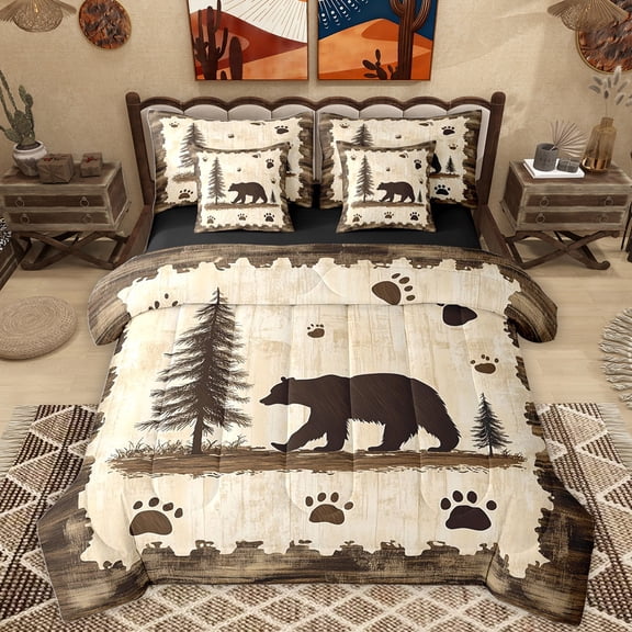 Homewish Woodland Animal Bear 7-Piece Twin Bedding Sets,Kawaii Bear Paws Bedding Comforter Set,Brown Beige Sheet Sets For Kids,Microfiber Bedroom Decor Reversible