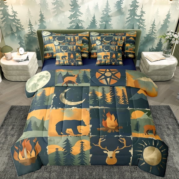 Homewish Woodland Animal Bear 7-Piece Twin Bedding Sets,Rustic Deer Skull Bedding Comforter Set,Happy Camping Sheet Sets For Kids,Microfiber Bedroom Decor Reversible