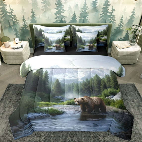 Homewish Woodland Animal Bear 7pcs Bedding Comforter Set,Rustic Natural Scenery Queen Bedding Sets,Green Brown Queen Sheet Sets For Kids,Microfiber Bedroom Decor Reversible