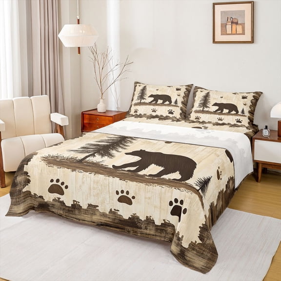 Homewish Woodland Animal Bear Bed Sheets,Kawaii Bear Paws King Sheets,Brown Beige Sheet Set For Kids,Microfiber Bedroom Decor,4-Piece