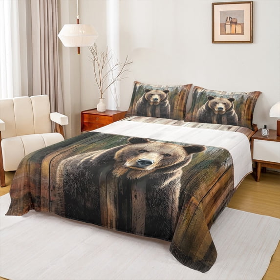 Homewish Woodland Animal Bear Bed Sheets,Olad Barn Door King Sheets,Rustic Farmhouse Cabin Sheet Set For Boys Kids,Luxury Bedroom Decor,4pcs