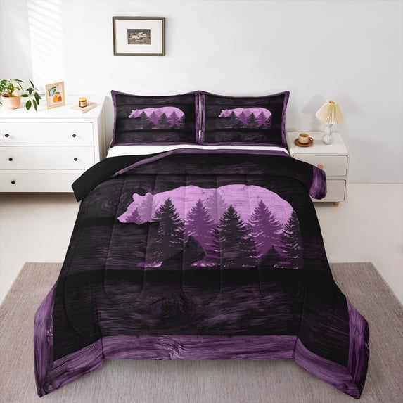 Homewish Woodland Animal Bear Bedding Comforter Set 2pcs for Teenagers,Vintage Lodge Cabin Twin Comforter Sets Microfiber,Abstract Jungle Wildlife Breathable Bedding Set,Ultra Soft Home Decor